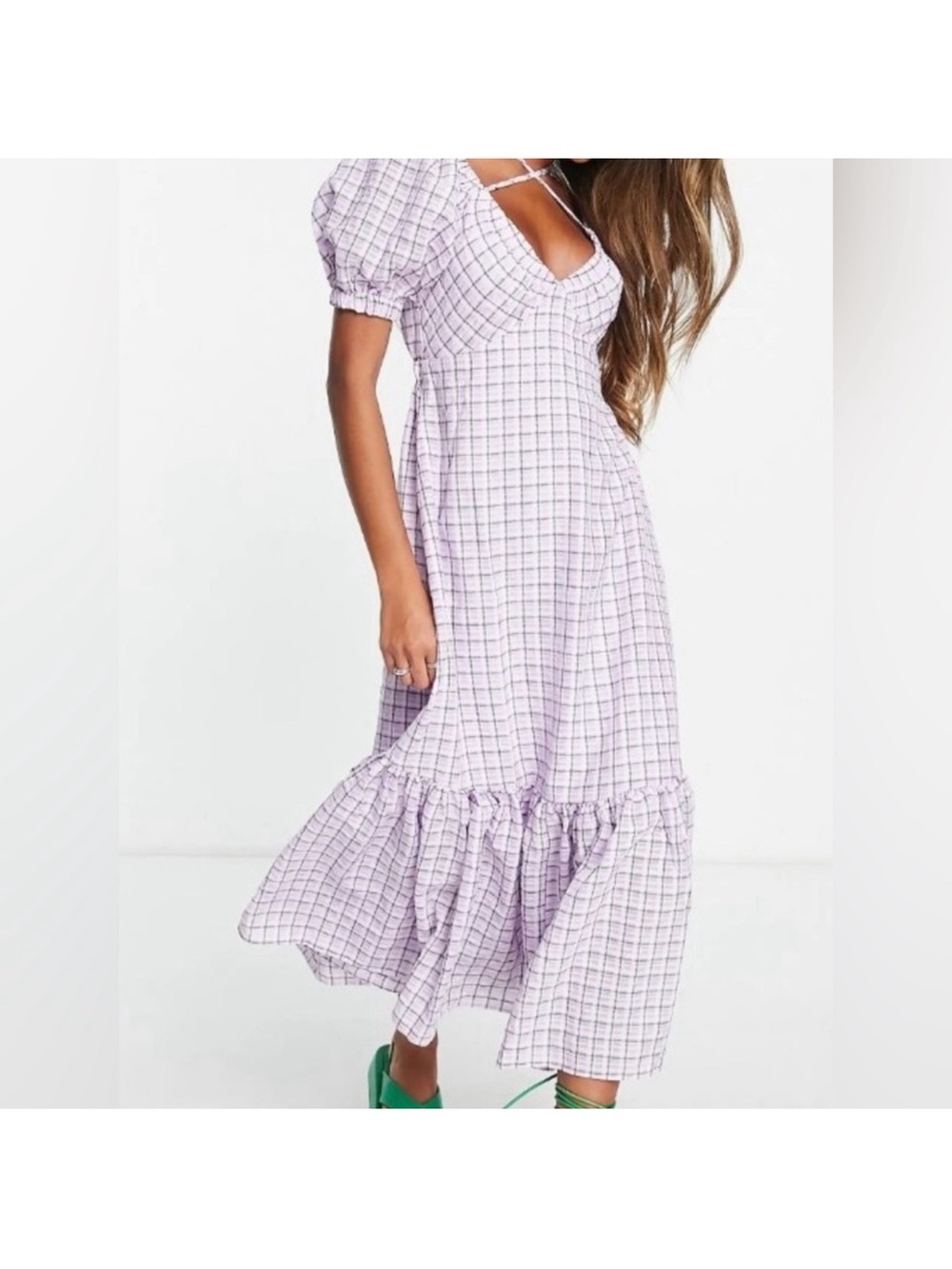 Topshop Lilac Check Puff-Sleeve Midi Dress Size 2